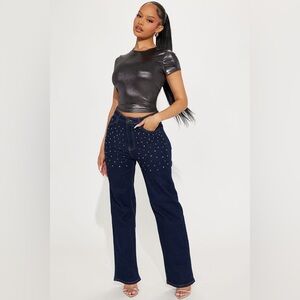 NWT Fashion Nova Sparkle And Shine Stretch Straight Leg Jeans - Dark Wash Size 9